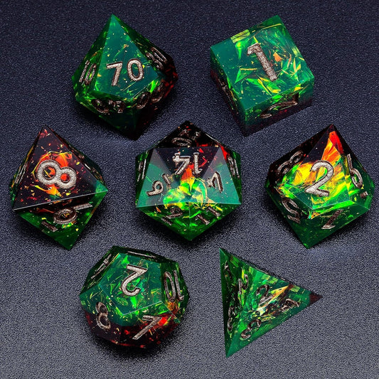 DND Dice Sharp Edge Dice Polyhedral Dice  Dice Dungeons and Dragons Dice Handmade Dice Set Peachy Galaxy (Jungle FIRE)