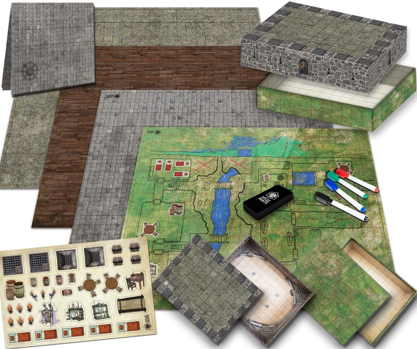 DND Map Starter Kit for Dungeons & Dragons Game - 22” X 26" Double Sided, Wet/Dry Erase Battle Terrain Grid - Ultimate Tabletop Board Gaming Experience with Accessories