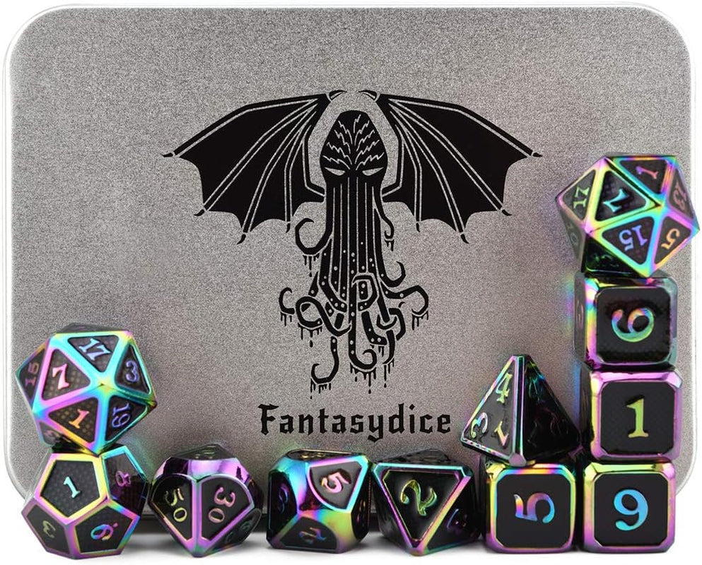 Rainbow Eldritch Cthulhu Scales Metal Dice Set 11 Polyhedral Dice with Metal Box for Dungeons and Dragons (D&D, DND 5 Edition) Call of Cthulhu Warhammer Shadowrun and All Tabletop RPG for Game Lovers.