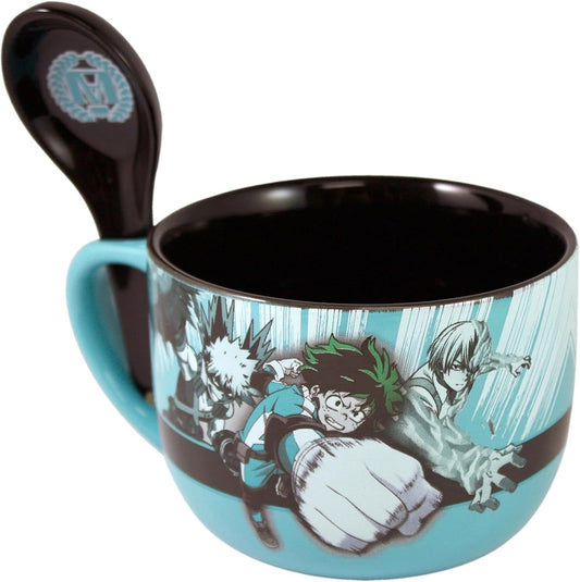 My Hero Academia Class 1-A Ramen Bowl with Spoon | 20 Oz Ceramic Soup or Rice Mug | Featuring Deku Bakugo and Todoroki | MHA | Kitchen Deco | MHA Anime Bowl | Officially Licensed