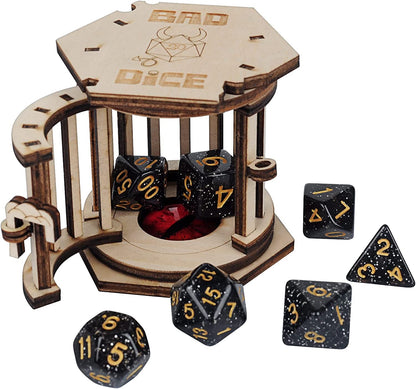 DND Dice Jail Prison with Polyhedral Dice Set Wood Cage for Your Bad Dice (Dice Jail A)