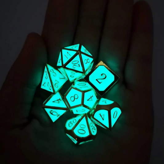 Glow in the Dark Glowing Blue Metal Dice Set D&D W/Dragon Dice Bag 7PCS DND Dice Set for Dungeons and Dragons RPG Games-Gold Glowing Blue-V2