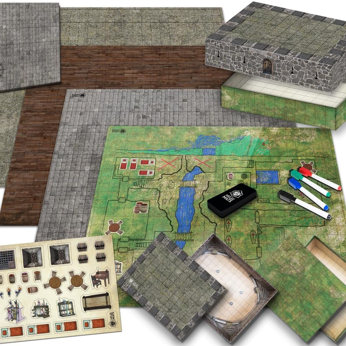 DND Map Starter Kit for Dungeons & Dragons Game - 22” X 26" Double Sided, Wet/Dry Erase Battle Terrain Grid - Ultimate Tabletop Board Gaming Experience with Accessories