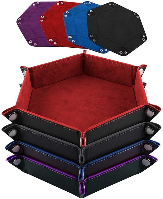 4 Pieces Dice Tray Set Foldable Dice Trays Hexagon Dice Rolling Tray PU Leather Dice Holder for Dice Games like RPG, DND and Other Table Games (Red, Black, Blue and Violet)