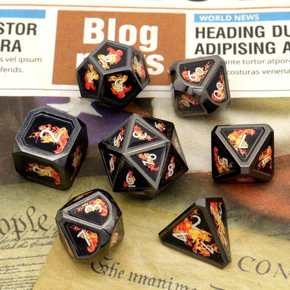 Fire Bolt Real Scene Metal DND Dice Set Black Polyhedral Metal Dice for D&D Dungeons and Dragons Gifts TTRPG Games-Dark Fire