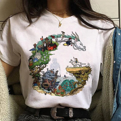 Studio Ghibli Spirited Away Hayao Miyazaki Kawaii Print T-Shirt Women Harajuku Aesthetic Tshirt White Tops Anime Female T Shirt