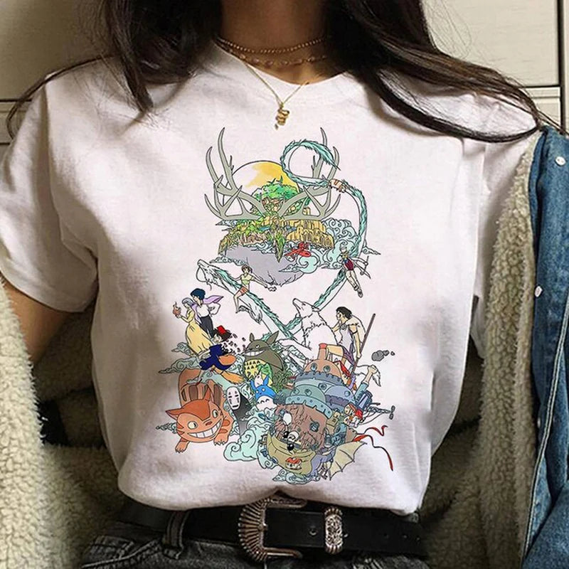 Studio Ghibli Spirited Away Hayao Miyazaki Kawaii Print T-Shirt Women Harajuku Aesthetic Tshirt White Tops Anime Female T Shirt