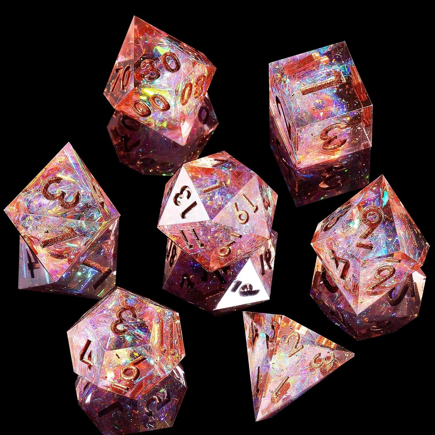 Dice Set 7PCS Resin Dice Set Inclusions Dice Set Sharp Edges Resin Dice Set Polyhedral Dice Set Glitter DND Dice Set Galaxy DND Dice Set Galaxy Pink