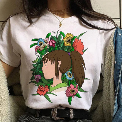 Studio Ghibli Spirited Away Hayao Miyazaki Kawaii Print T-Shirt Women Harajuku Aesthetic Tshirt White Tops Anime Female T Shirt