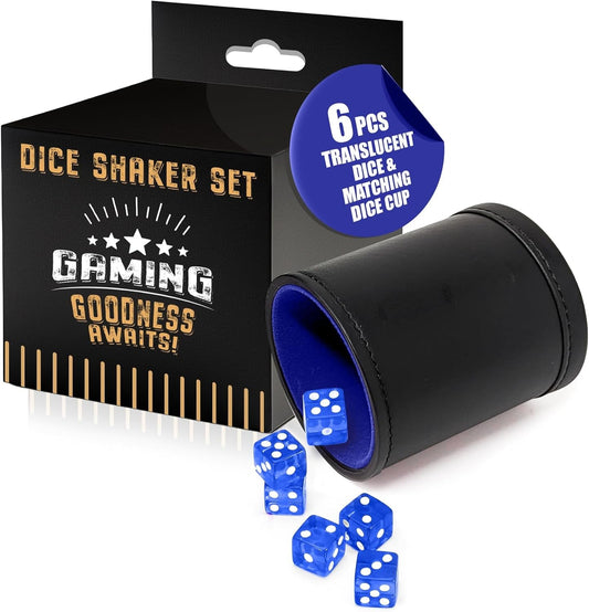 Blue Dice Shaker Cup Complete with Matching Dice Set of Six Blue Translucent Dice