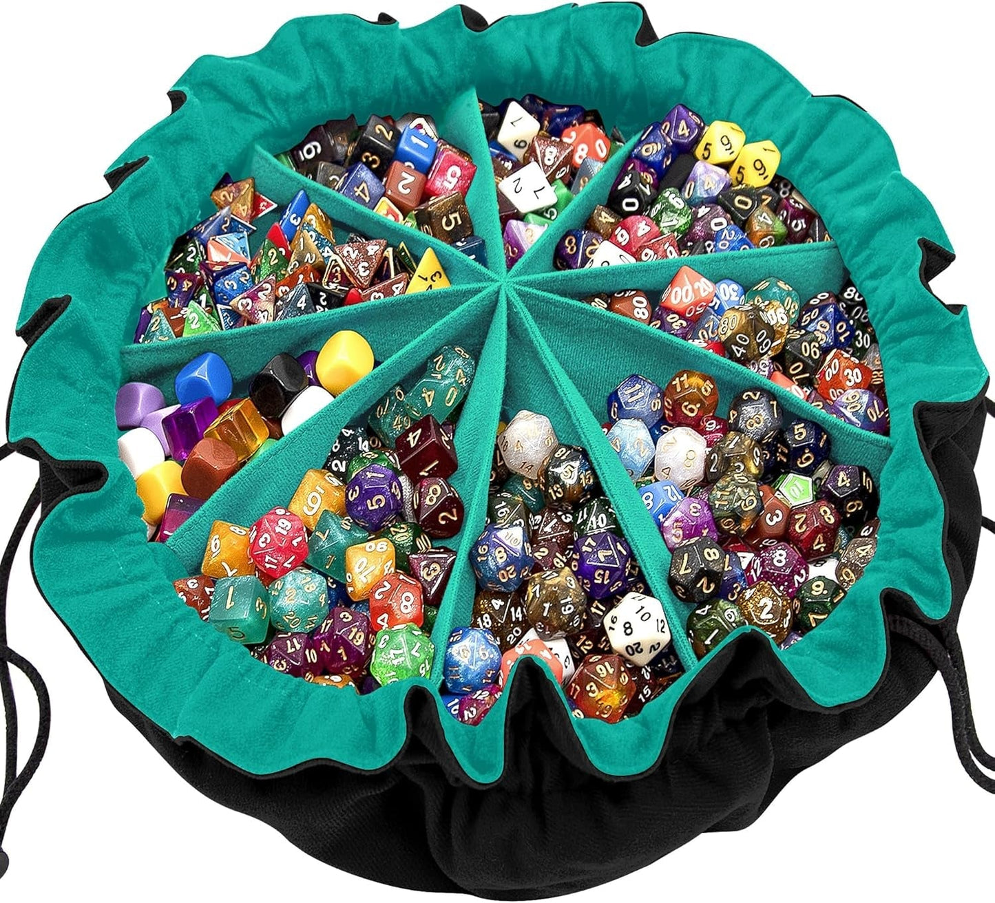 Large Dice Bag with Pockets Drawstring Dice Bag DND Dice Storage Bag Big Capacity Dice Pouch for RPG MTG Table Games, Hold over 300 Dice (Black & Cyan)