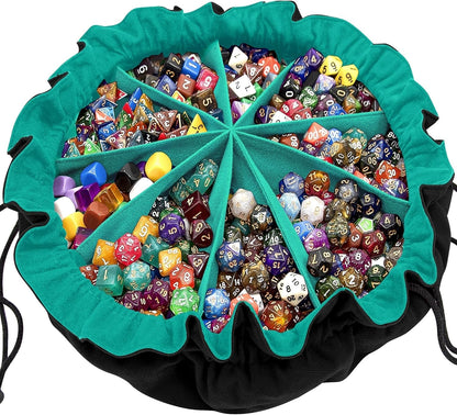 Large Dice Bag with Pockets Drawstring Dice Bag DND Dice Storage Bag Big Capacity Dice Pouch for RPG MTG Table Games, Hold over 300 Dice (Black & Cyan)