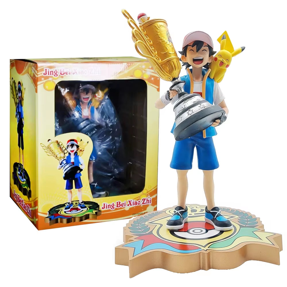 19CM Anime Pokemon Ash Ketchum Pikachu Figure Championship Trophy Scene Model Toy Gift Doll Collection Aciton Figure PVC