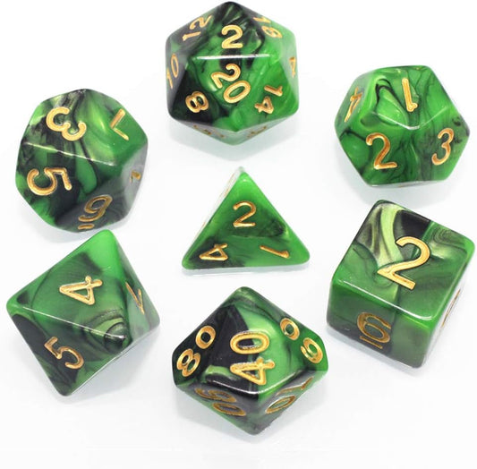 DND Dice Set RPG Black & Green 7-Die Dice Set Fit Dungeons and Dragons(D&D) Pathfinder MTG Role Playing Games Polyhedral Dice with Dice Pouch