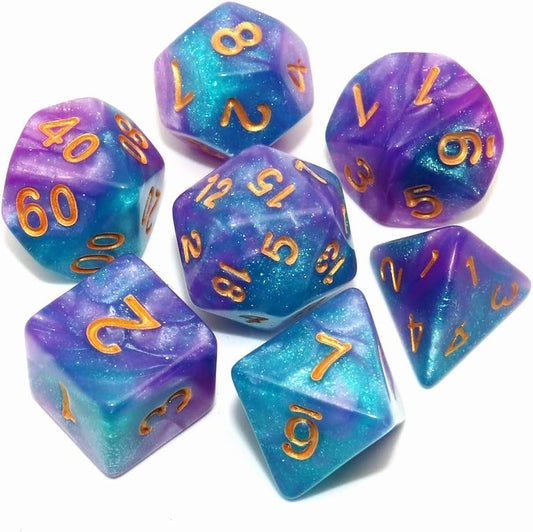 DND Dice Set Lake Blue & Purple Polyhedral RPG Dice for Dungeon and Dragons D&D Role Playing Games Table Games Glitter Dice