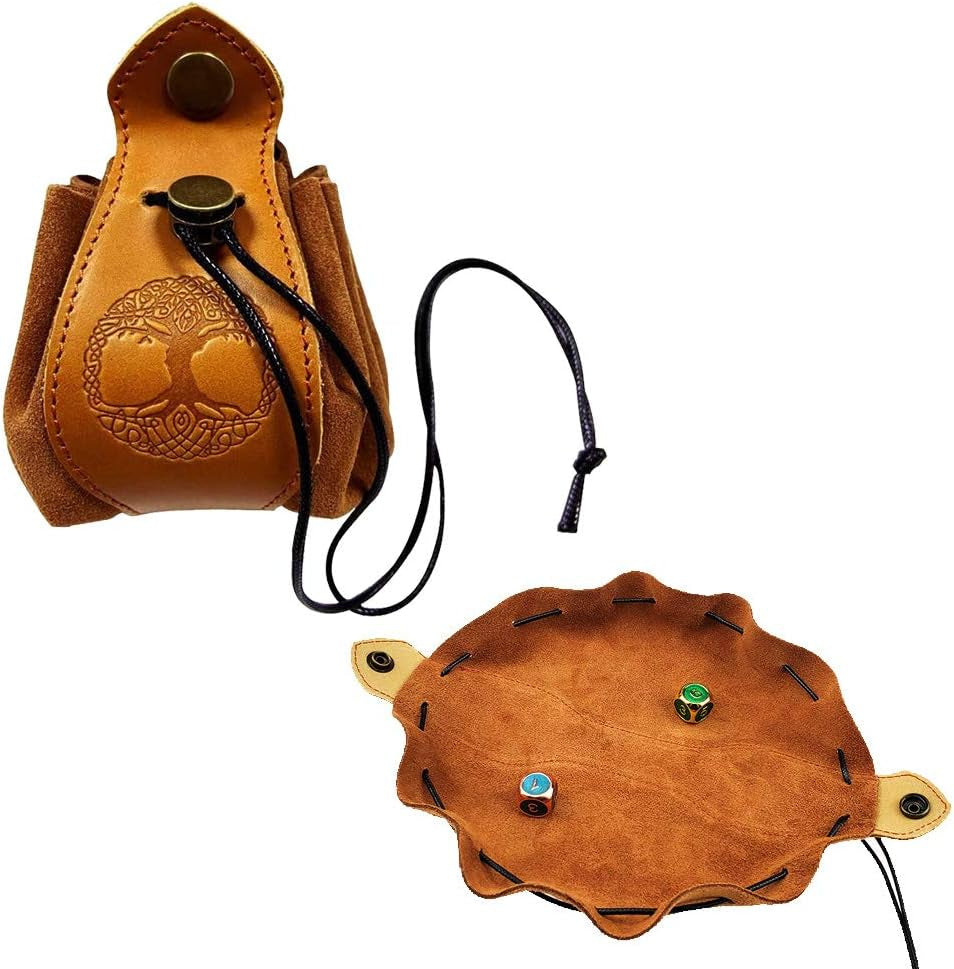 Celtic Tree DND Gifts Dice Bag - Tray with Drawstring & Button Genuine Leather Dice Pouch Storage Bag for D&D Dices Jewelry Coin & Small Accessories