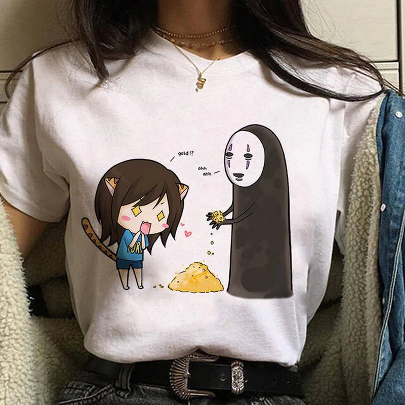 Studio Ghibli Spirited Away Hayao Miyazaki Kawaii Print T-Shirt Women Harajuku Aesthetic Tshirt White Tops Anime Female T Shirt