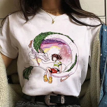 Studio Ghibli Spirited Away Hayao Miyazaki Kawaii Print T-Shirt Women Harajuku Aesthetic Tshirt White Tops Anime Female T Shirt