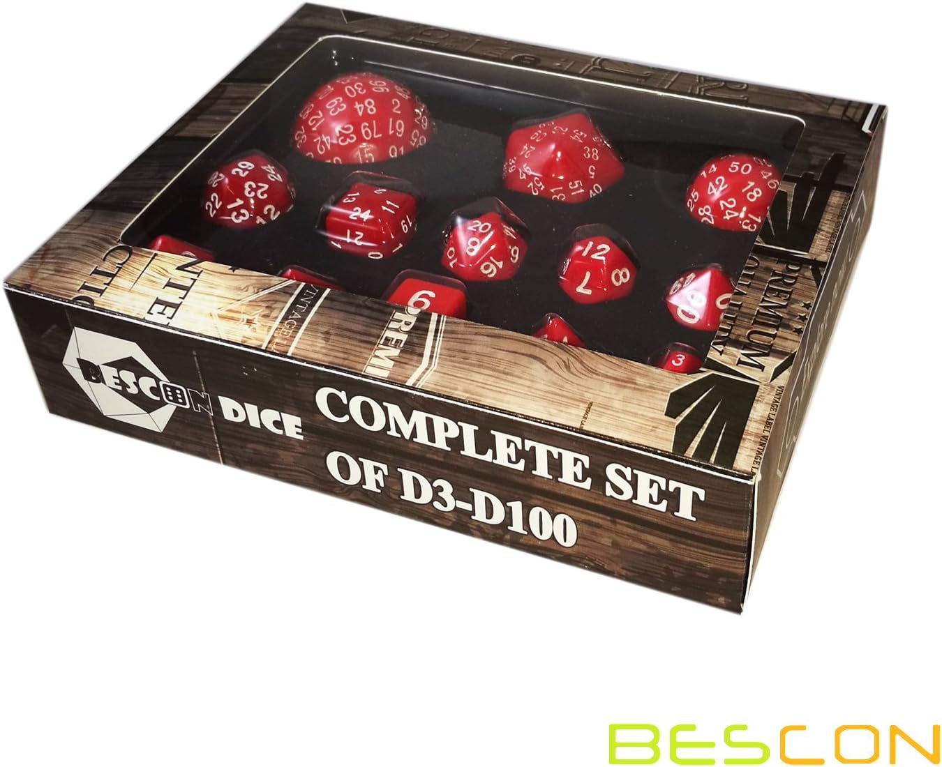 Bescon Complete Polyhedral Dice Set 13Pcs D3-D100, 100 Sides Dice Set Opaque Red