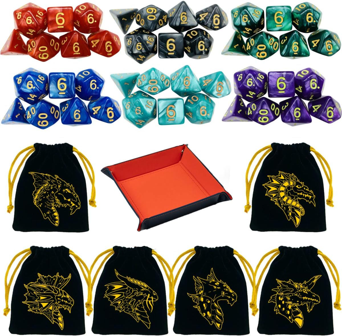 6 Sets DND Dice Polyhedral Dice Dungeons and Dragons Rolling Dice for RPG MTG Table Games Dice Bulk with Free Six Drawstring Bags and PU Leather D&D Dice Tray