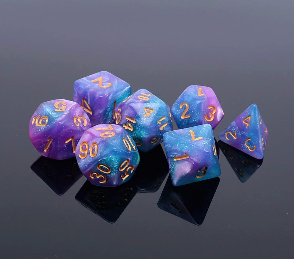 DND Dice Set Lake Blue & Purple Polyhedral RPG Dice for Dungeon and Dragons D&D Role Playing Games Table Games Glitter Dice