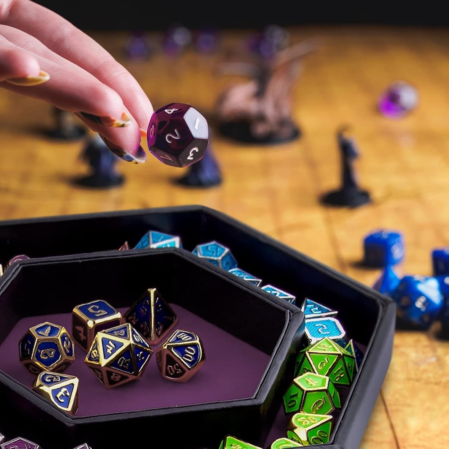 Dice Tray with Lid Hexagon Dice Rolling Tray Dice Holder for Dice Games like RPG, DND and Other Table Games, Purple