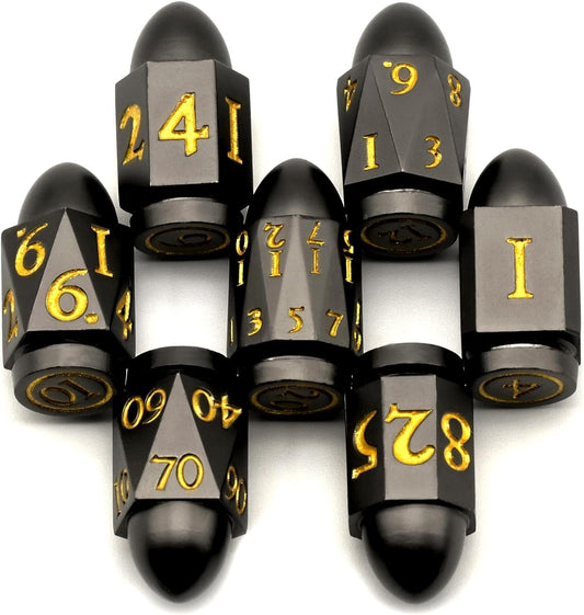 Bullet Dice Set Revolver, DND Dice Metal,  Gun Dice Set D and D Dice Gifts for Dungeons and Dragons, Pathfinder, Warhammer 40K, D&D, or Theme Tabletop Games（7Bullet-Black Gold）