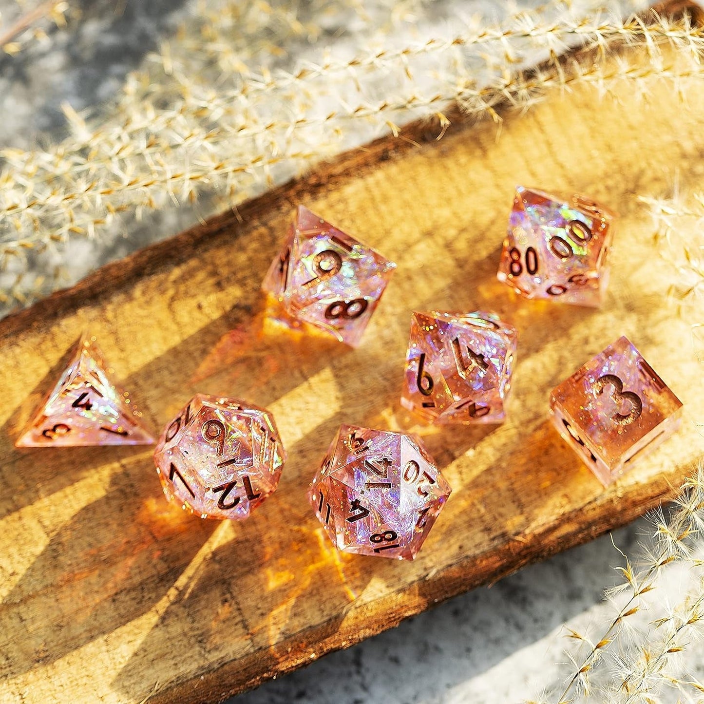 Dice Set 7PCS Resin Dice Set Inclusions Dice Set Sharp Edges Resin Dice Set Polyhedral Dice Set Glitter DND Dice Set Galaxy DND Dice Set Galaxy Pink