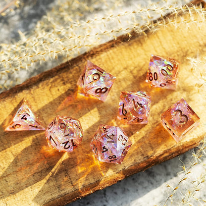 Dice Set 7PCS Resin Dice Set Inclusions Dice Set Sharp Edges Resin Dice Set Polyhedral Dice Set Glitter DND Dice Set Galaxy DND Dice Set Galaxy Pink