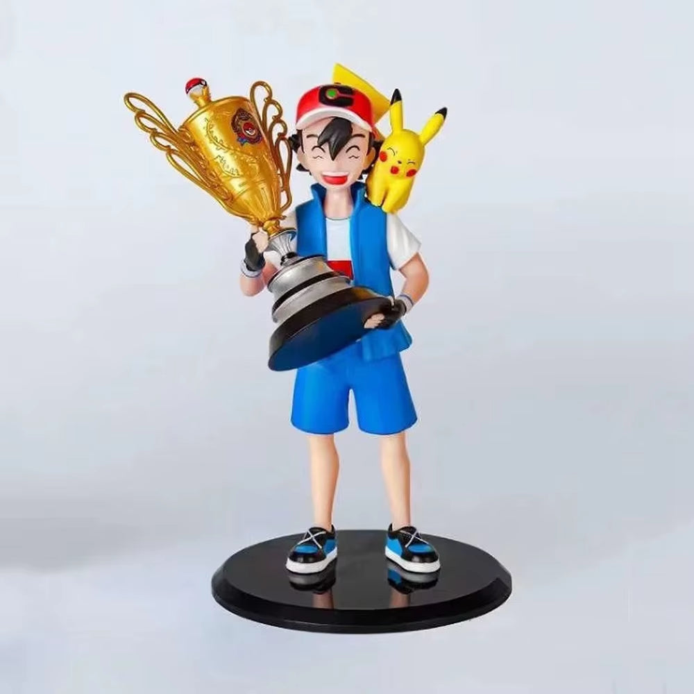 19CM Anime Pokemon Ash Ketchum Pikachu Figure Championship Trophy Scene Model Toy Gift Doll Collection Aciton Figure PVC