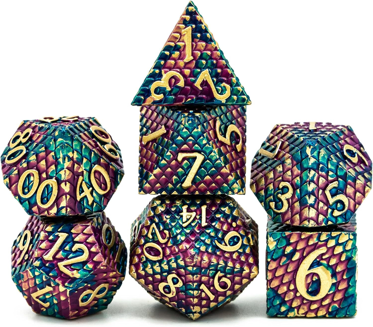 DND Metal Dice Set Dragon Scale, D&D Dice Metal for Role Playing Games, Polyhedral Dice Set DND for Dungeons and Dragons (Blue Purple-Golden Number)