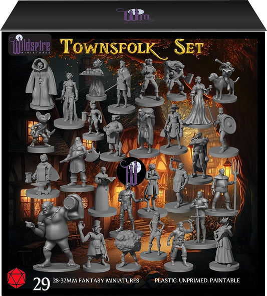 Wildspire 29 Whimsical Townsfolk Fantasy Set for DND Miniatures Dungeons and Dragons Starter Set D&D Minis Tabletop Unpainted NPC Bulk Set of Paintable Figures for D D Accessories and Pathfinder