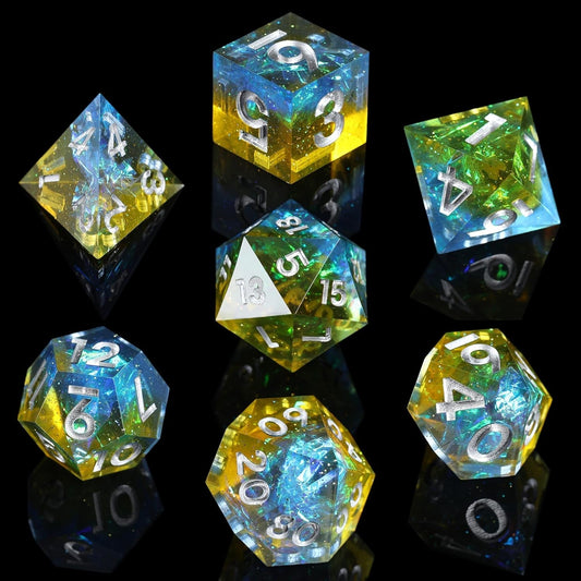 DND Dice, DND Dice Set, Dungeons and Dragons Dice, Sharp Edge Dice with Beautiful Inclusions (Mix Blue&Yellow Color)