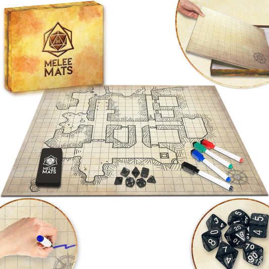 DND Map Starter Kit for Dungeons & Dragons Game - 23” X 27" Double Sided, Wet/Dry Erase Battle Terrain Grid - Ultimate Tabletop Board Gaming Experience with Accessories