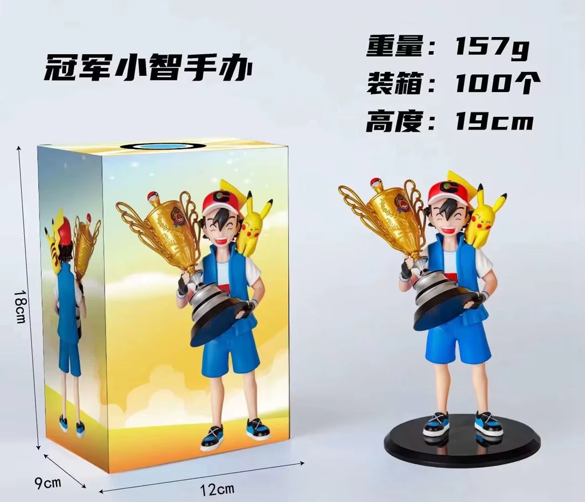 19CM Anime Pokemon Ash Ketchum Pikachu Figure Championship Trophy Scene Model Toy Gift Doll Collection Aciton Figure PVC