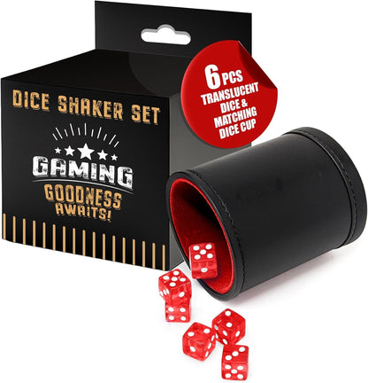 Red Dice Shaker Cup Complete with Matching Dice Set of Six Red Translucent Dice