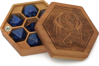 Pocket Sized Hex Dice Wood Chest with Magnetic Lid - Perfect for DND, Magic the Gathering Dice Counters and Any Other Tabletop Games (Cherry/Dragon)