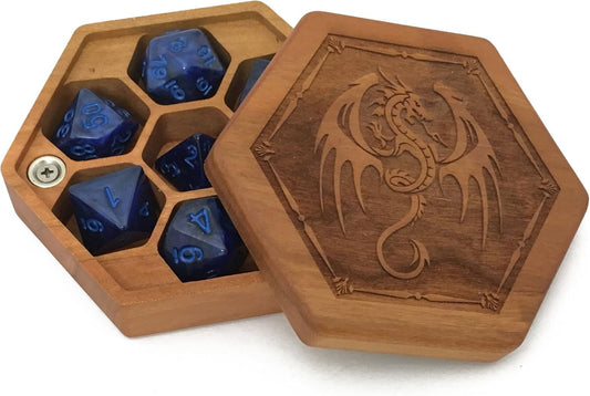 Pocket Sized Hex Dice Wood Chest with Magnetic Lid - Perfect for DND, Magic the Gathering Dice Counters and Any Other Tabletop Games (Cherry/Dragon)