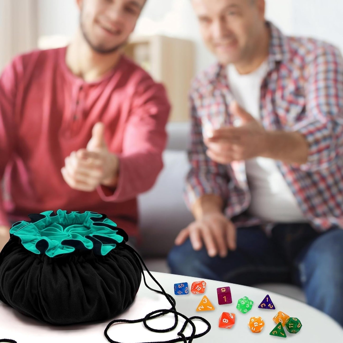 Large Dice Bag with Pockets Drawstring Dice Bag DND Dice Storage Bag Big Capacity Dice Pouch for RPG MTG Table Games, Hold over 300 Dice (Black & Cyan)